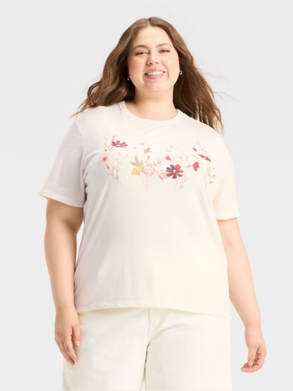 Zoe + Liv Cream Short Sleeve Tee with Pink & Yellow Floral Print